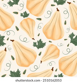 beautiful seamless autumn pattern with light long pumpkins with pumpkin seeds and pumpkin leaves on a light background, vector