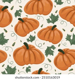 beautiful seamless autumn pattern with orange round pumpkins with pumpkin seeds and pumpkin leaves on a light background, vector