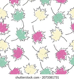 Beautiful seamless autumn pattern with watercolor colorful maple leaves. White background