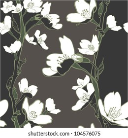 Beautiful seamless background with apple tree flowers and branches. (vector)