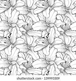 Beautiful seamless background of black and white lilies hand-drawn. Many similarities in the profile of the artist