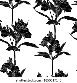 Beautiful seamless background with black white line alstroemeria lilies flower. Design greeting card and invitation of the wedding, birthday, Valentine's Day, mother's day and other seasonal holiday.