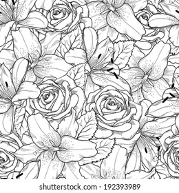 Beautiful seamless background with black and white lily and roses . Hand-drawn contour lines and strokes. Perfect background greeting card and invitations to the day wedding, birthday, Valentine's Day