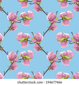 Beautiful seamless background with blooming magnolia tree branches.