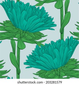 Beautiful seamless background with blue flowers aster. Hand-drawn contour lines and strokes.