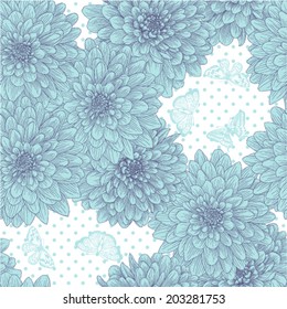 Beautiful seamless background with blue flowers and butterflies. Hand-drawn contour lines and strokes.