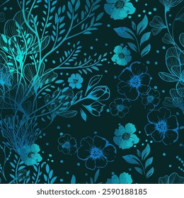 Beautiful seamless background with blue flowers and branches. hand drawing. Not AI, Vector illustration.