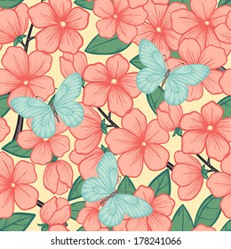 Beautiful seamless background with branches of flowering trees and butterflies. Hand-drawn contour lines and strokes. Perfect for background greeting cards and invitations to the day of the wedding