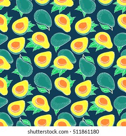 beautiful seamless background of bright color avocado on a dark blue background. hand-drawn illustration