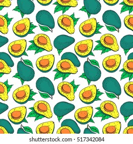 beautiful seamless background of bright color avocado on a white background. hand-drawn illustration
