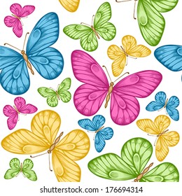 Beautiful seamless background with bright colorful butterflies . Hand-drawn contour lines and strokes. Perfect for background greeting cards and invitations to the day of the wedding, birthday