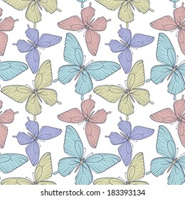 Beautiful seamless background with bright colorful butterflies . Hand-drawn contour lines and strokes. Perfect for background greeting cards and invitations to the day of the wedding, birthday