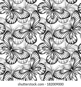 Beautiful seamless background of butterflies black and white colors. Hand-drawn contour lines and strokes. Perfect for background greeting cards and invitations of the wedding, birthday