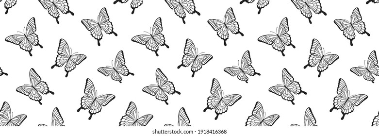 Beautiful seamless background of butterflies black and white colors. design greeting card and invitation of the wedding, birthday, Valentine s Day, mother s day and other holiday