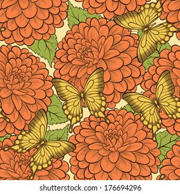 Beautiful seamless background with butterflies and dahlias . Hand-drawn contour lines and strokes. Perfect for background greeting cards and invitations to the day of the wedding, birthday