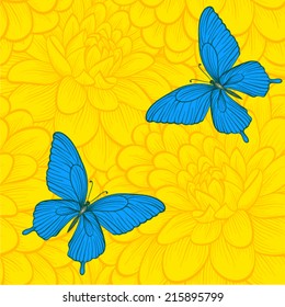 Beautiful seamless background with butterflies and dahlias. Hand-drawn contour lines. Perfect for background greeting cards and invitations of the wedding, birthday, Valentine's Day