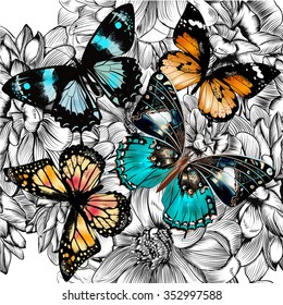 Beautiful seamless background with butterflies and flowers in vintage style