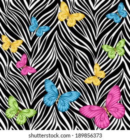 Beautiful seamless background. butterflies on animal zebra abstract print. Perfect for  greeting cards and invitations of the wedding, birthday, mother's Day. Many similarities to the author's profile