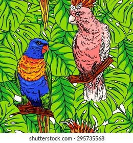 Beautiful seamless background with colorful parrots and green palm leaves