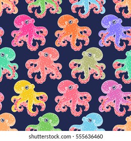 beautiful seamless background of cute octopuses. hand drawn illustration