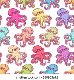 beautiful seamless background of cute octopuses. hand drawn illustration