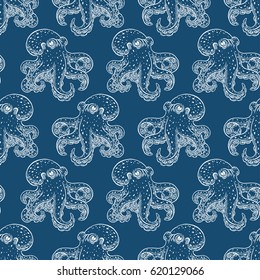 beautiful seamless background of cute octopuses. hand drawn illustration