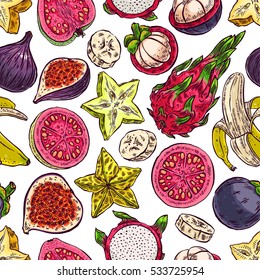 beautiful seamless background of delicious exotic fruits. hand-drawn illustration