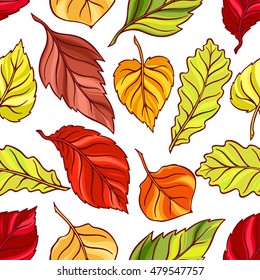 Beautiful seamless background of different autumn leaves. hand-drawn illustration