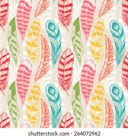 beautiful seamless background with different color feathers