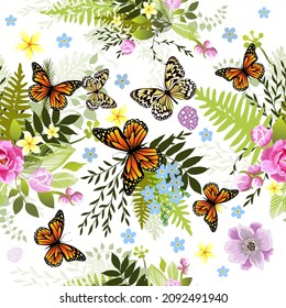 Beautiful seamless background with different flower. Texture with butterflies. Vector illustration