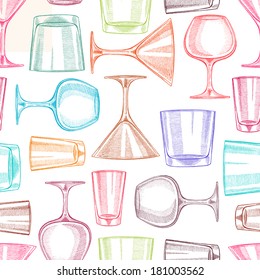 Beautiful seamless background with different hand-drawn glasses for alcohol. vector illustration 