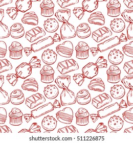 beautiful seamless background of different sketch chocolate candies. hand-drawn illustration