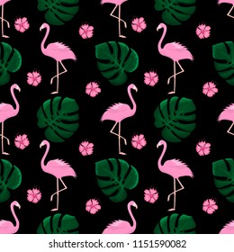 Beautiful seamless background with flamingos, tropical flowers and monster leaves. Vector illustration.Ideal for wallpapers, backgrounds of web pages, textures of surfaces, textiles.