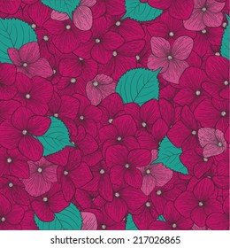 Beautiful seamless background with flower hydrangea . Hand-drawn contour lines and strokes. Perfect for background greeting cards and invitations to the day of wedding, birthday and Valentine's Day