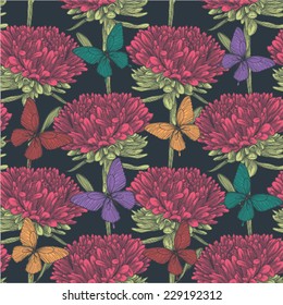 Beautiful seamless background with flowers aster and butterflies. Hand-drawn contour lines and strokes. Perfect for background greeting cards and invitations of the wedding, birthday, Valentine's Day