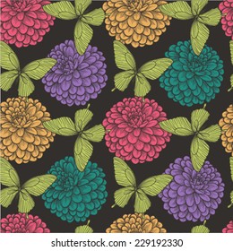 Beautiful seamless background with flowers aster and butterflies. Hand-drawn contour lines and strokes. Perfect for background greeting cards and invitations of the wedding, birthday, Valentine's Day