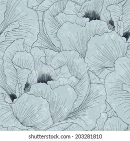 Beautiful seamless background with flowers Plant Paeonia arborea (Tree peony) . Hand-drawn contour lines and strokes.