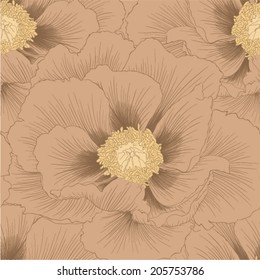 Beautiful seamless background with flowers Plant Paeonia arborea (Tree peony) . Hand-drawn contour lines and strokes.