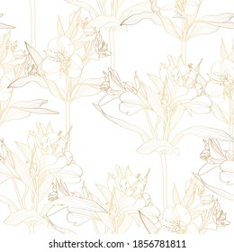 Beautiful seamless background with golden line alstroemeria lilies flower. Design greeting card and invitation of the wedding, birthday, Valentine's Day, mother's day and other seasonal holiday.