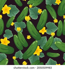 Beautiful seamless background with green cucumbers, blue-green leaves and yellow flowers of cucumber. Pattern with cucumbers for agriculture.