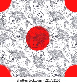 beautiful seamless background with Japanese carps in the red circle. hand-drawn illustration