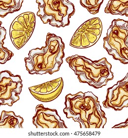 Beautiful seamless background of lemon slices and oysters. hand-drawn illustration