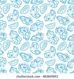 Beautiful seamless background of lemon slices and oysters. hand-drawn illustration