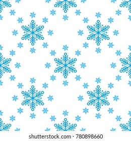 Beautiful seamless background for Merry Christmas or New year. Blue snow-flakes on a white background.