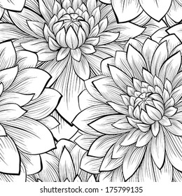 Beautiful seamless background with monochrome black and white flowers. Hand-drawn contour lines and strokes.