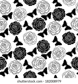 Beautiful seamless background with monochrome black and white butterflies and roses. Hand-drawn contour lines and strokes. Perfect for background greeting cards and invitations of wedding, birthday