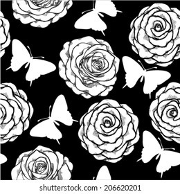 Beautiful seamless background with monochrome black and white butterflies and roses. Hand-drawn contour lines and strokes.