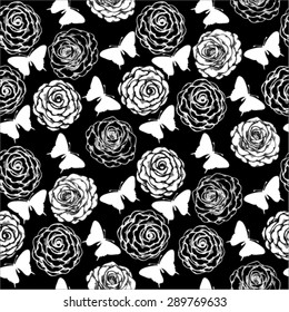 Beautiful seamless background with monochrome black and white butterflies and roses. for greeting card and invitations of wedding, birthday, Valentine's Day, mother's day and other seasonal holiday