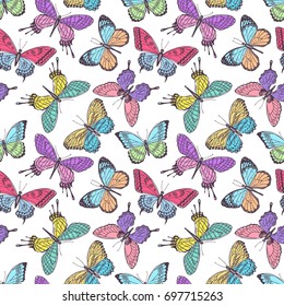 Beautiful seamless background of multicolored butterflies. Hand-drawn illustration