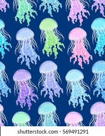 Beautiful seamless background of multi-colored jellyfish on a dark blue background. hand-drawn illustration